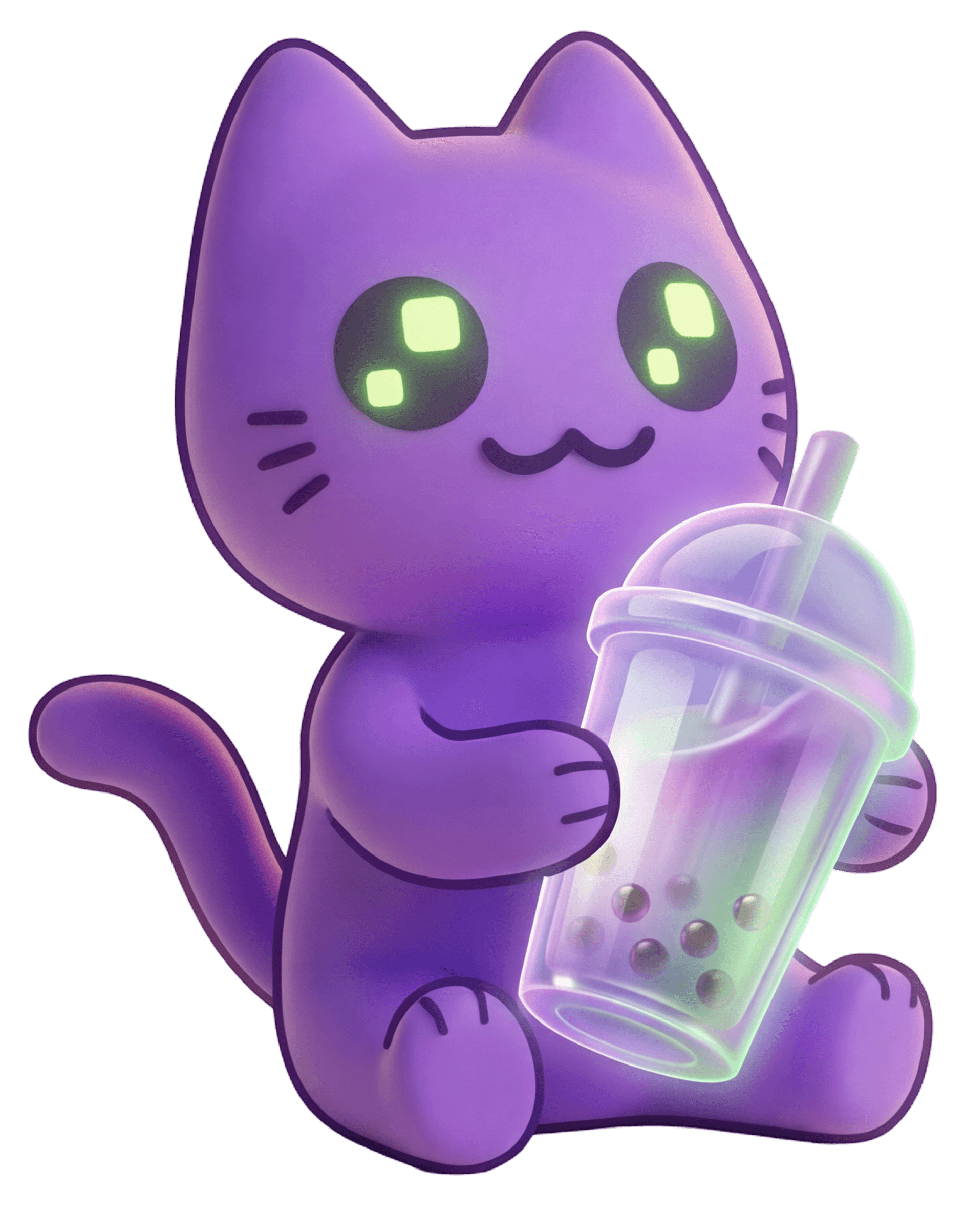 Taro, the Pixel Boba mascot cat, holding a cup of boba tea