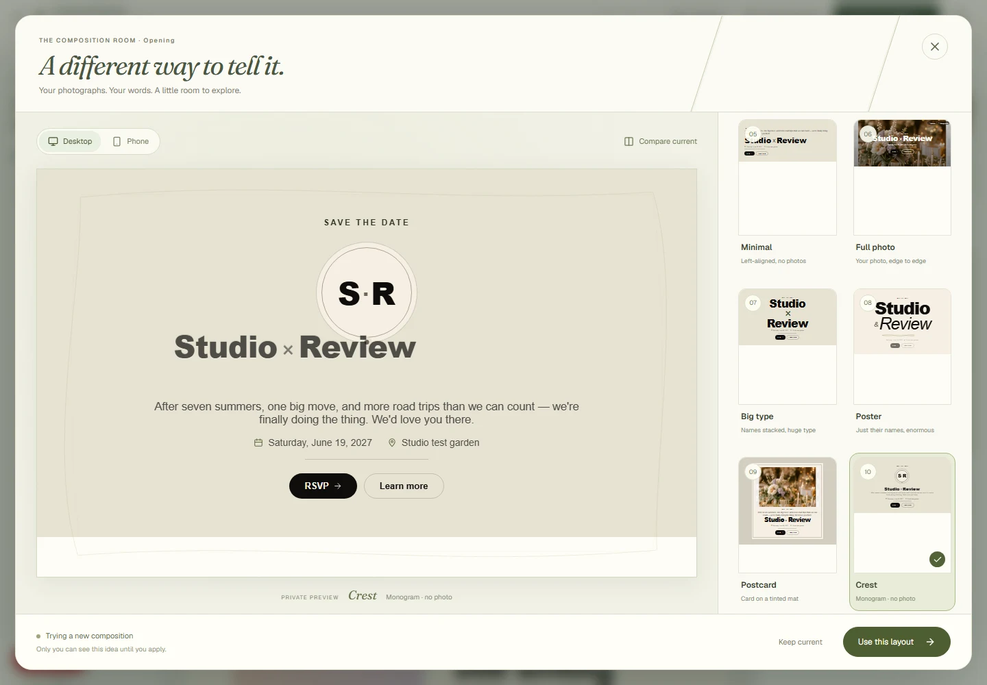 The layout lookbook in the working Pearloom editor.