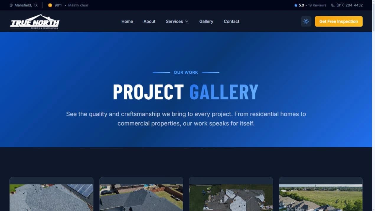 The live project gallery, built around roofing photography.